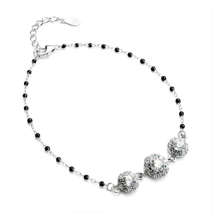 Silver Hexagon Diamond Black Beads Adjustable Bracelet