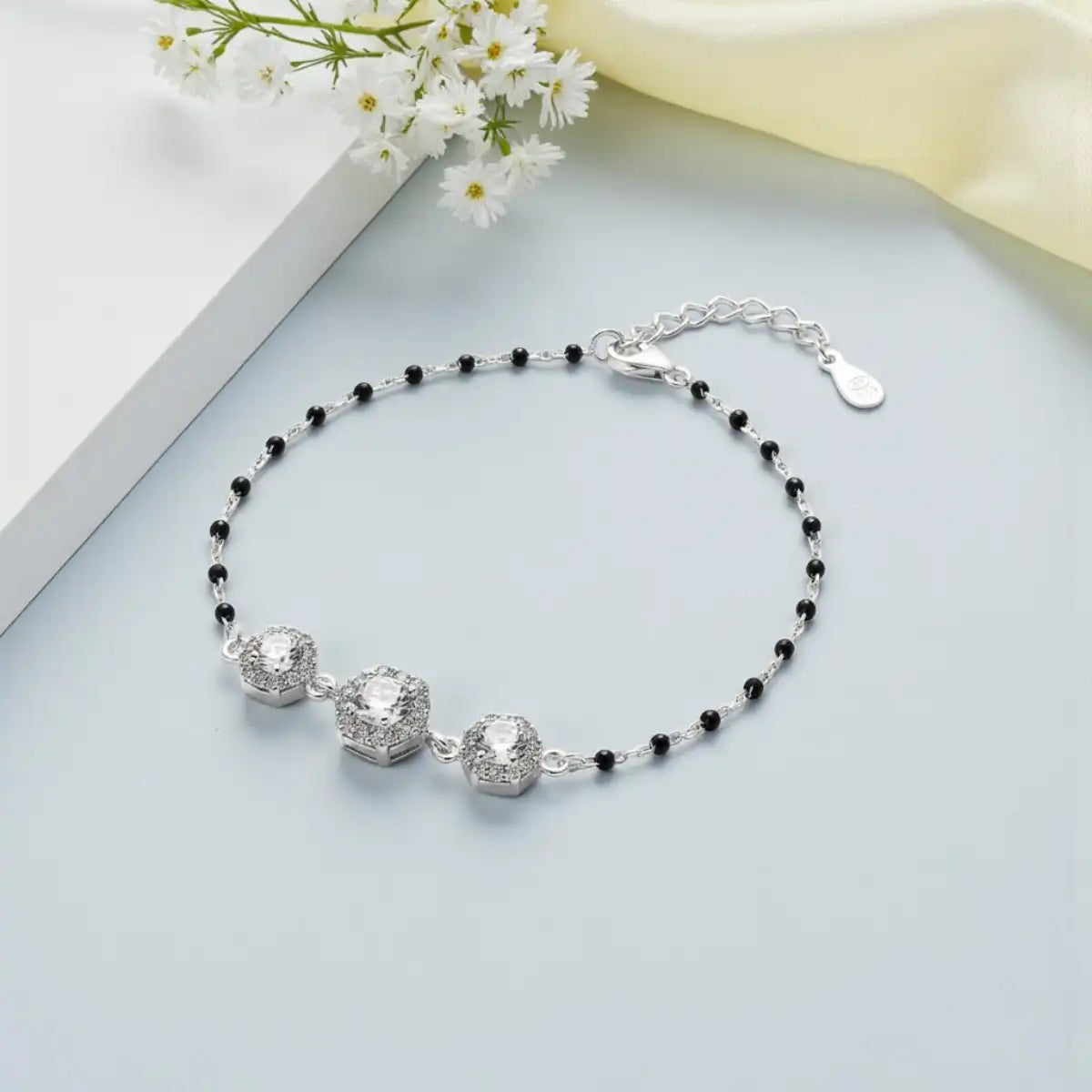 Silver Hexagon Diamond Black Beads Adjustable Bracelet