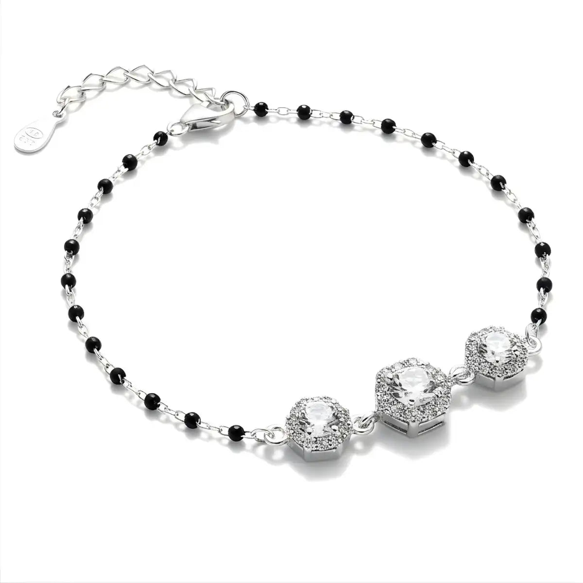 Silver Hexagon Diamond Black Beads Adjustable Bracelet
