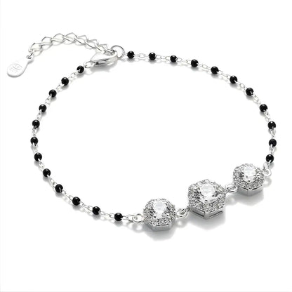 Silver Hexagon Diamond Black Beads Adjustable Bracelet