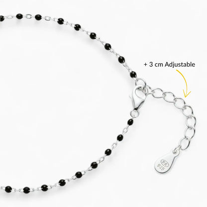 Silver Hexagon Diamond Black Beads Adjustable Bracelet
