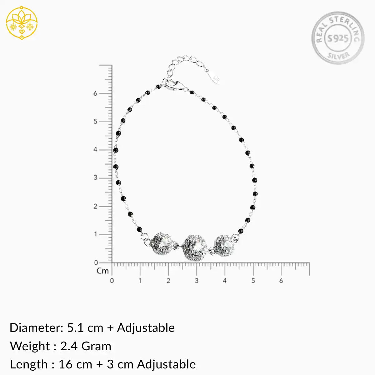 Silver Hexagon Diamond Black Beads Adjustable Bracelet