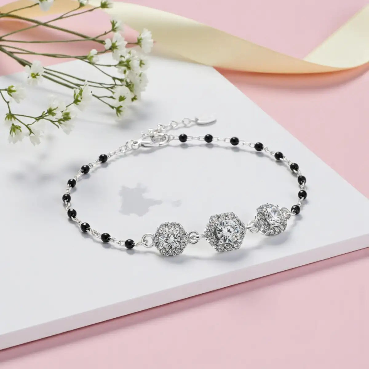 Silver Hexagon Diamond Black Beads Adjustable Bracelet