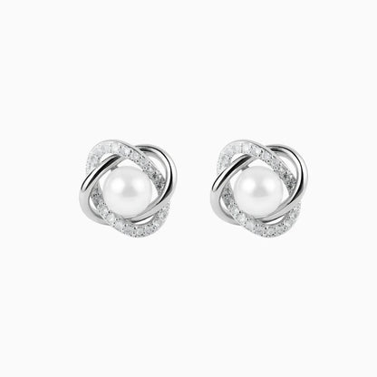 Silver Diamond & Pearl Stud Earrings for Women