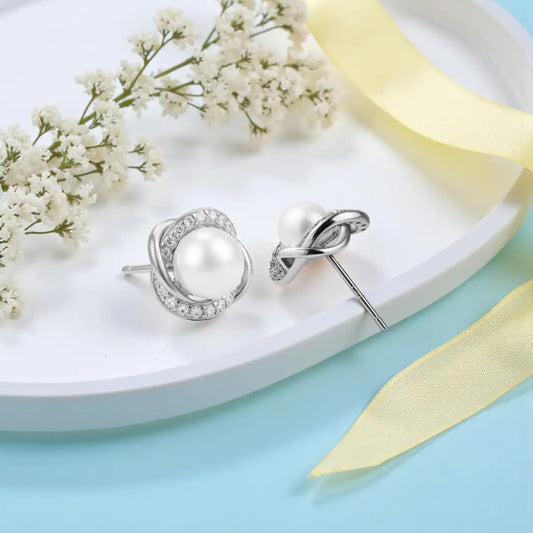 Silver Diamond & Pearl Stud Earrings for Women