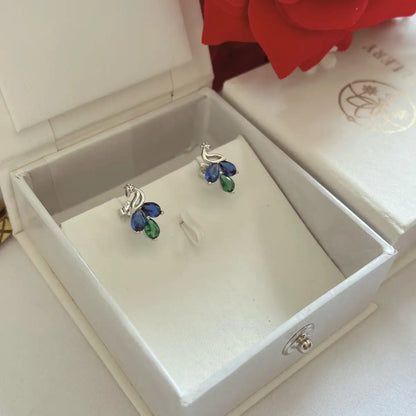 Silver Peacock Inspired Sapphire & Emerald Earrings
