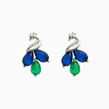 Silver Peacock Inspired Sapphire & Emerald Earrings
