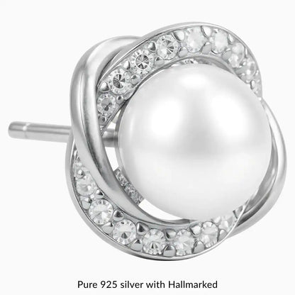Silver Diamond & Pearl Stud Earrings for Women