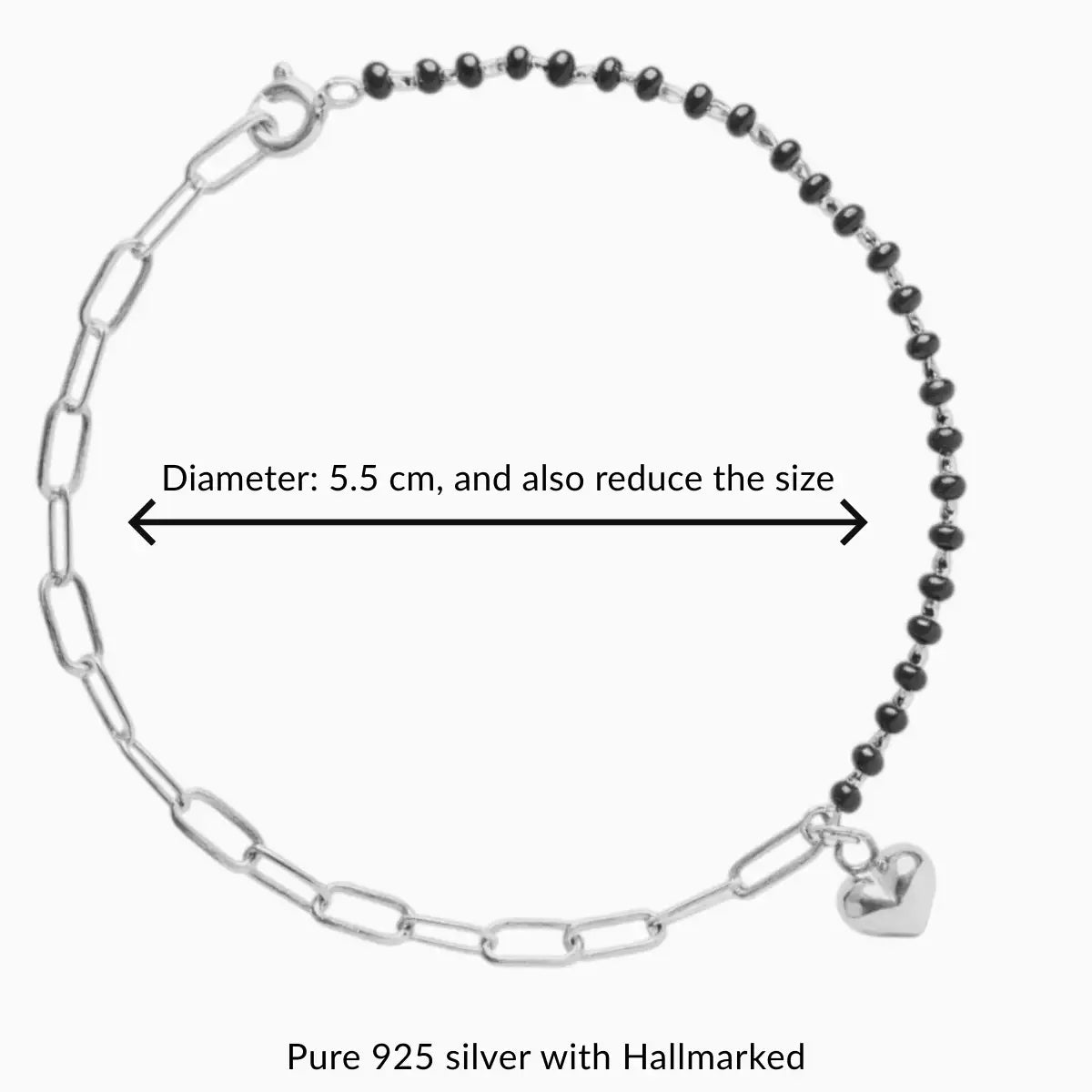 Silver Heart Charm Links Bracelet with Black Beads