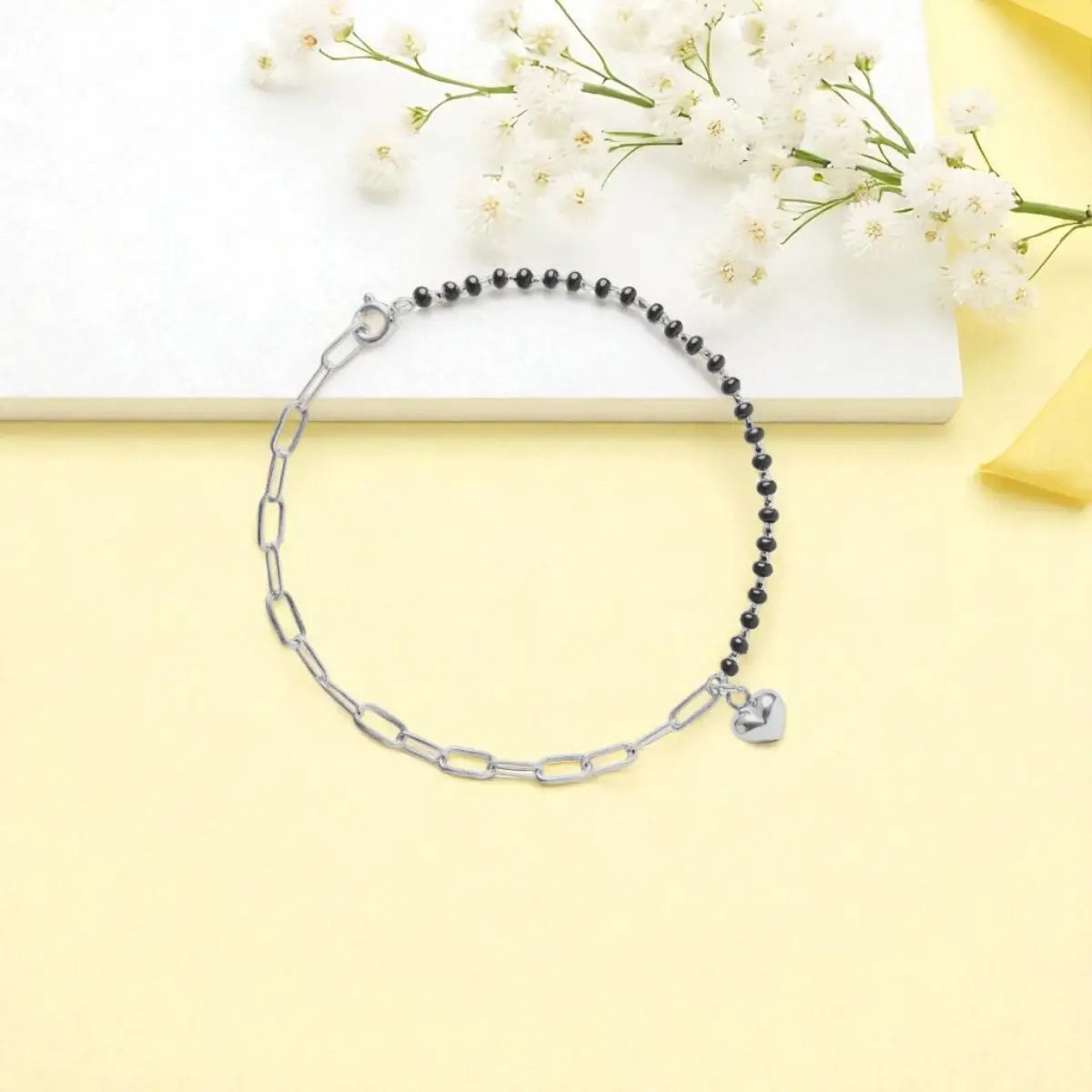 Silver Heart Charm Links Bracelet with Black Beads