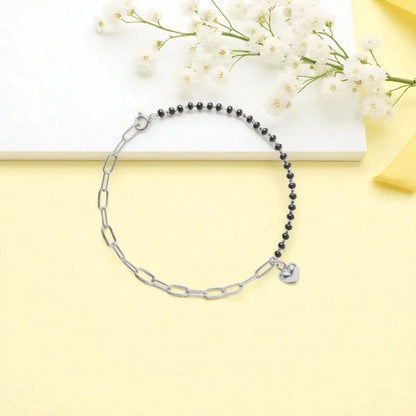 Silver Heart Charm Links Bracelet with Black Beads