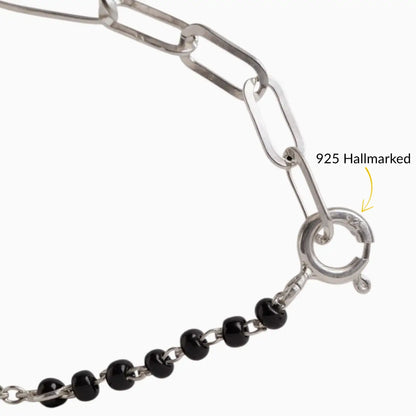 Silver Heart Charm Links Bracelet with Black Beads