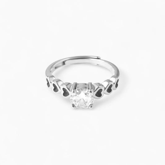 Silver Zircon Ring with Heart Shape Design