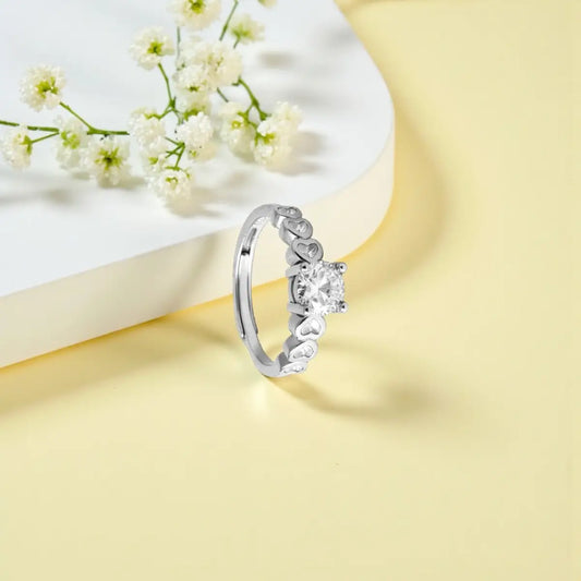 Silver Zircon Ring with Heart Shape Design