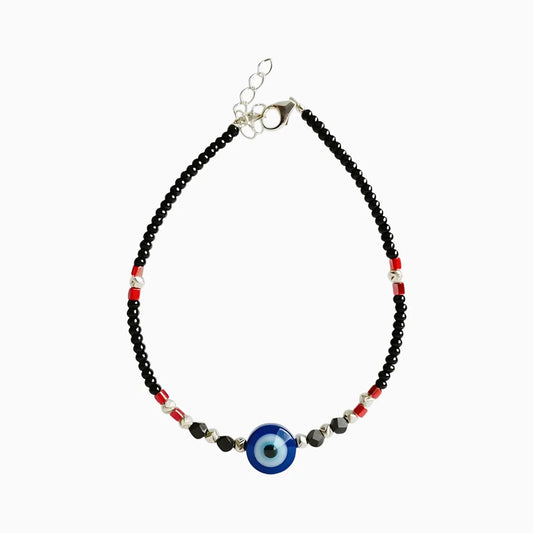 Silver Evil Eye Adjustable Beaded Bracelet