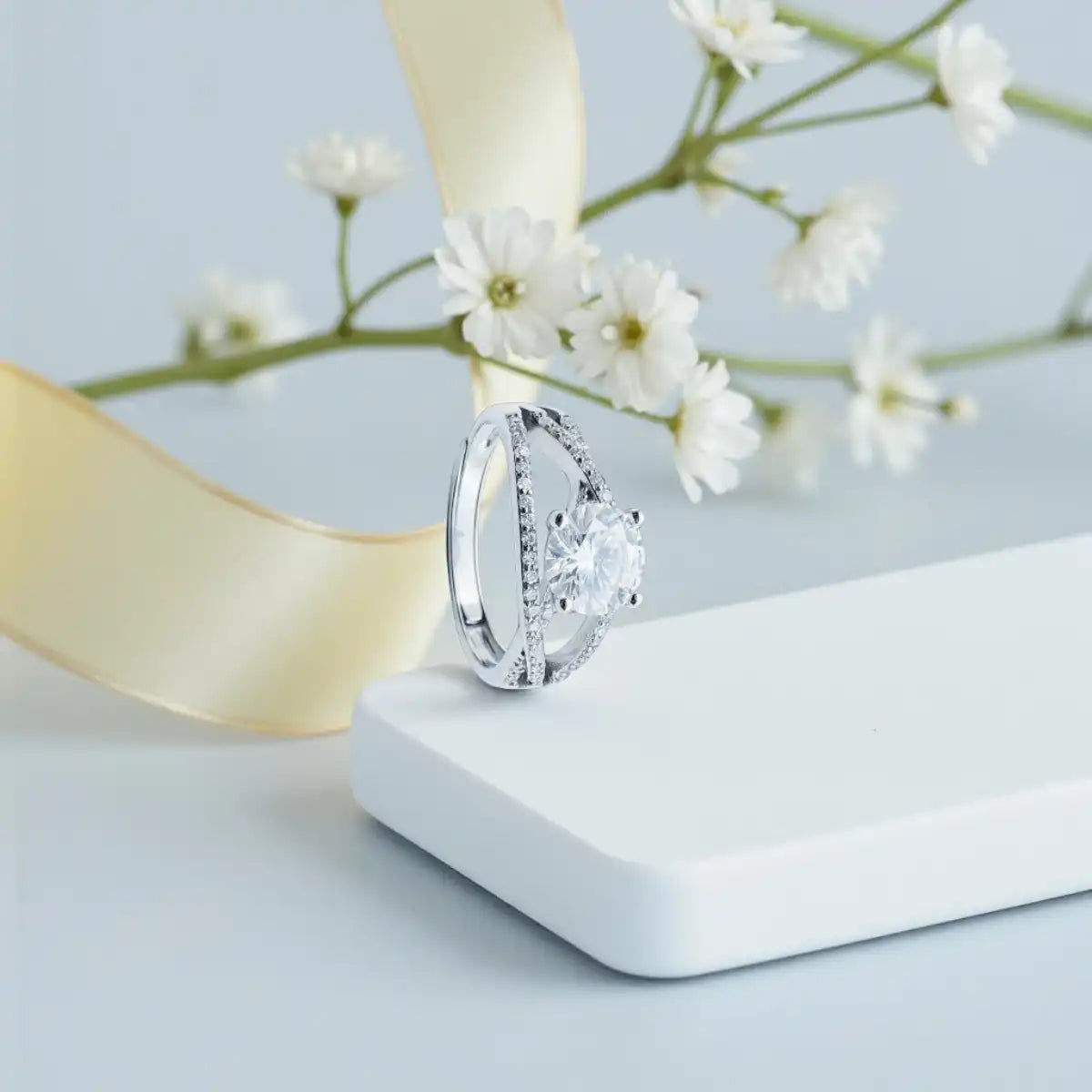 Solitaire Statement Silver Adjustable Ring