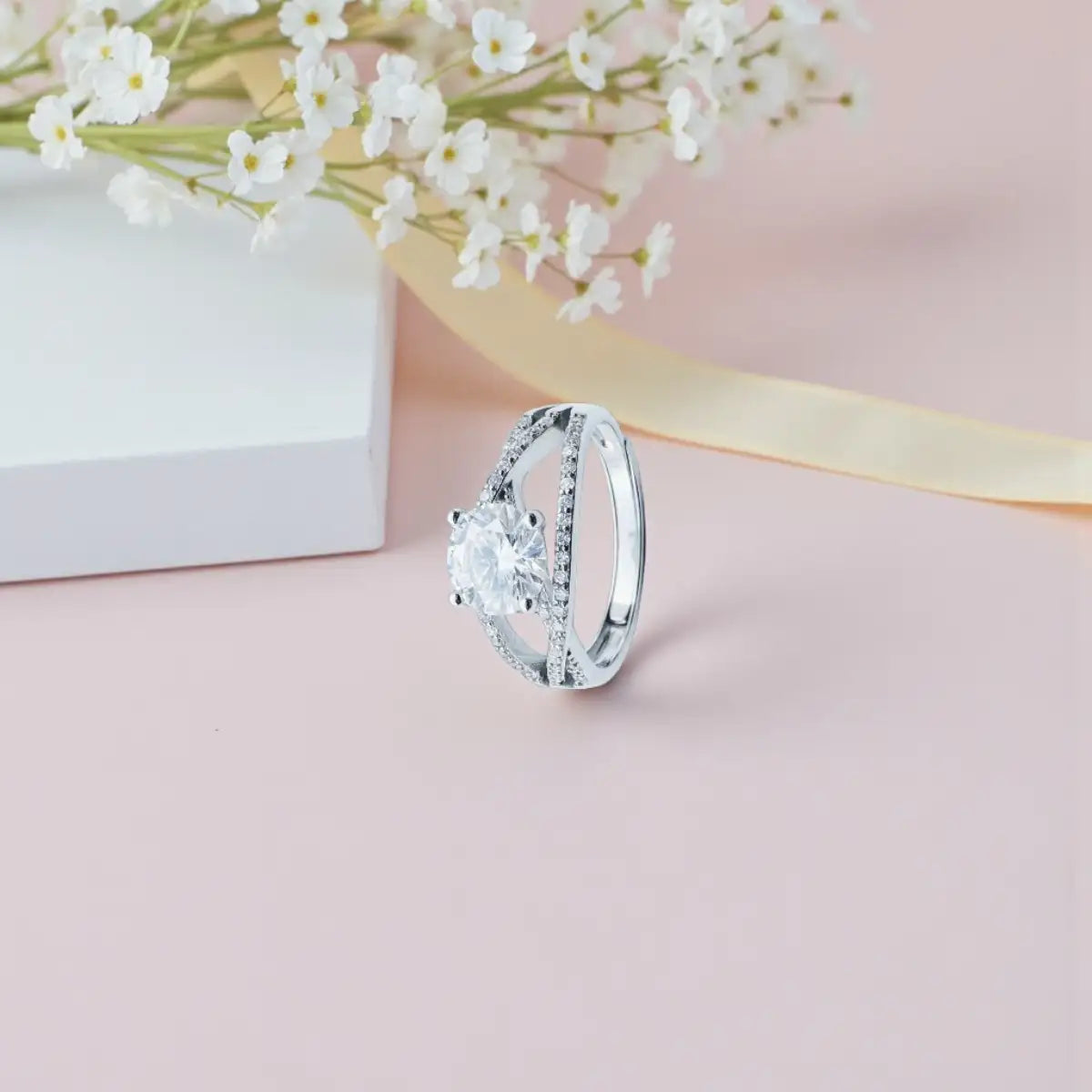 Solitaire Statement Silver Adjustable Ring