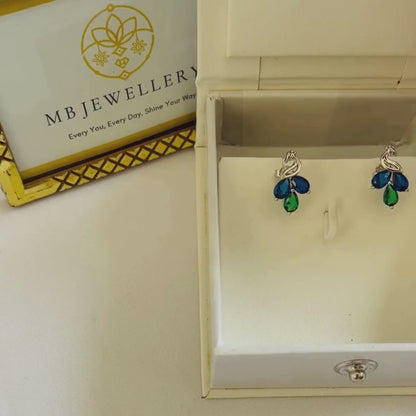 Silver Peacock Inspired Sapphire & Emerald Earrings