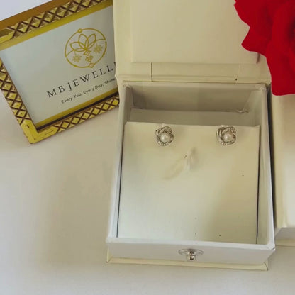 Silver Diamond & Pearl Stud Earrings for Women