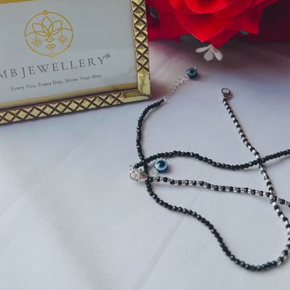 Black Beaded Adjustable Silver Anklet with Evil Eye